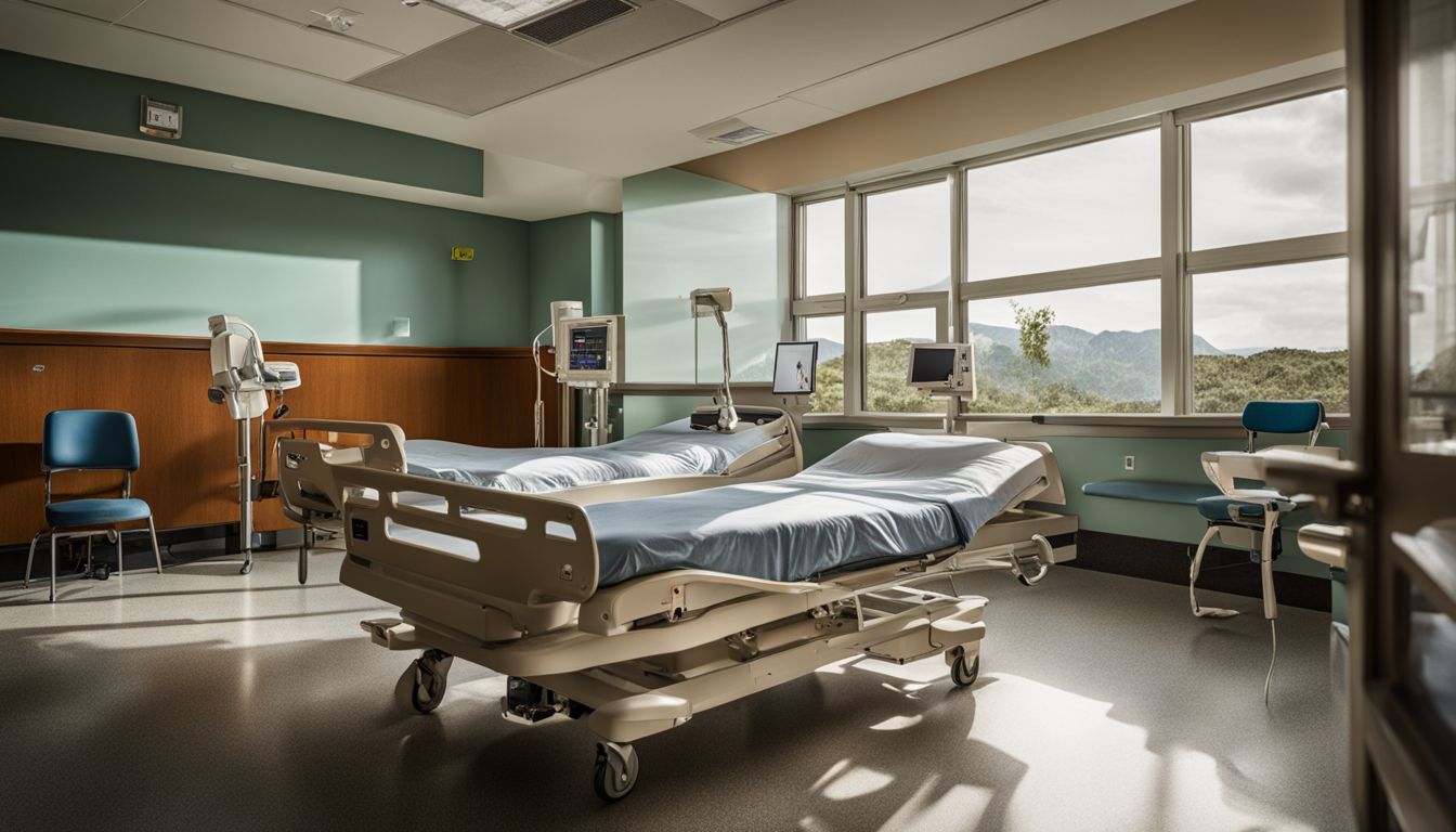 A sturdy hospital bed with wheel locks in a hospital room. A sturdy hospital bed with wheel locks in a hospital room.