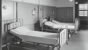 A hospital room with three empty beds, each equipped with white sheets and metal frames. The room has wooden panel walls, a window allowing natural light, and makes one ponder: Are home hospital beds as comfortable as a normal bed?
