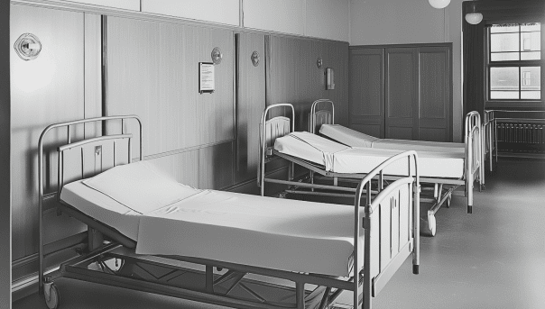 A hospital room with three empty beds, each equipped with white sheets and metal frames. The room has wooden panel walls, a window allowing natural light, and makes one ponder: Are home hospital beds as comfortable as a normal bed?