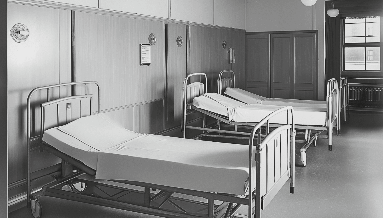 A hospital room with three empty beds, each equipped with white sheets and metal frames. The room has wooden panel walls, a window allowing natural light, and makes one ponder: Are home hospital beds as comfortable as a normal bed?