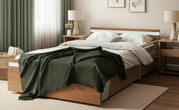 A neatly made bed with white linens and a green throw blanket invites relaxation in this cozy bedroom. Wooden side tables, lamps, and framed wall art complete the scene, creating a serene space perfect for any age—including exploring what is the best bed for a 100-year-old.