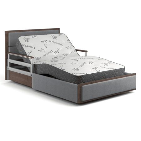 The SonderCare Aura™ Platinum Hospital Bed - a luxury home hospital bed with a modern adjustable design, raised headrest, grey frame, and mattress featuring a patterned cover.