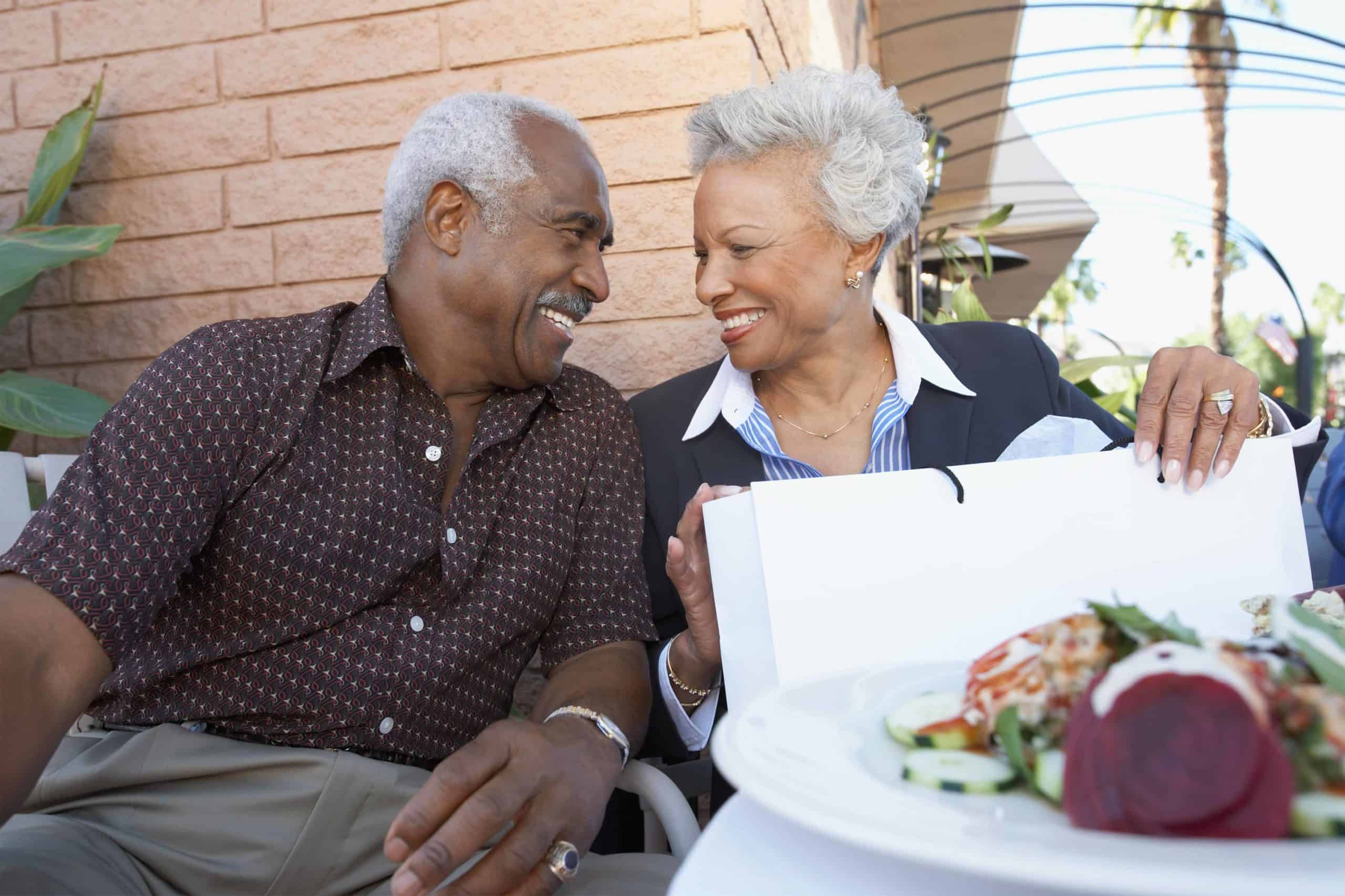 a man and a woman sitting next to each other at a table.