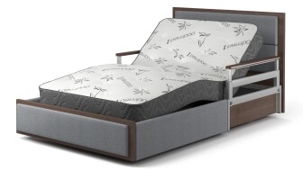 Aura Platinum 48-inch home hospital bed with gray fabric headboard, footboard, and side panels