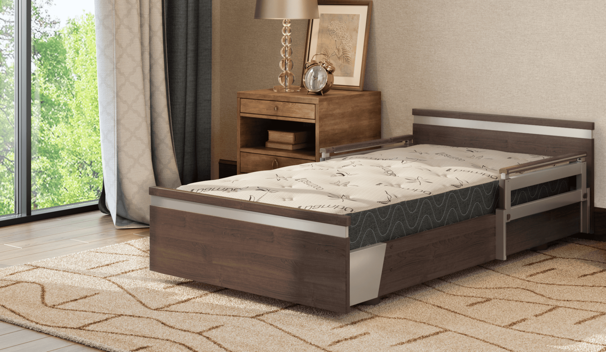 A wooden daybed with a beige mattress is in the room, evoking the comfort absent in stark hospital beds. A wooden nightstand holds a lamp and framed art, while a carpet covers the floor. Through a glass door, lush greenery beckons.